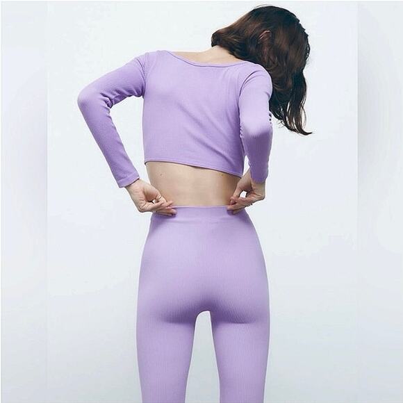 Zara Women's Purple Lavender Rib Knit Long Sleeve Pullover Crop Shirt Top M/L - Picture 3 of 11